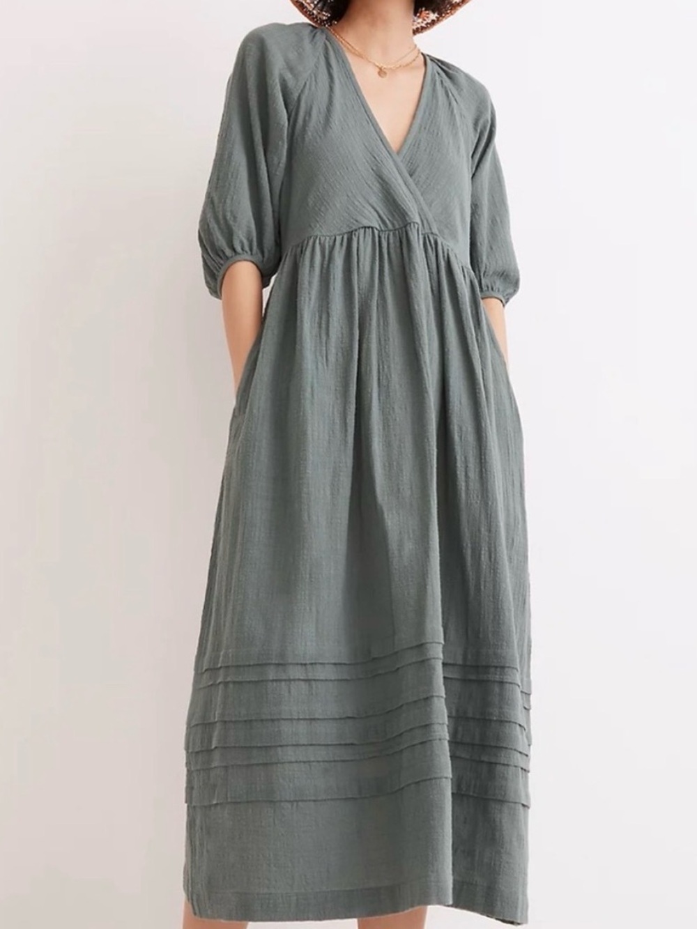 Madewell Marianna Puff Dress blue teal green cotton pockets L